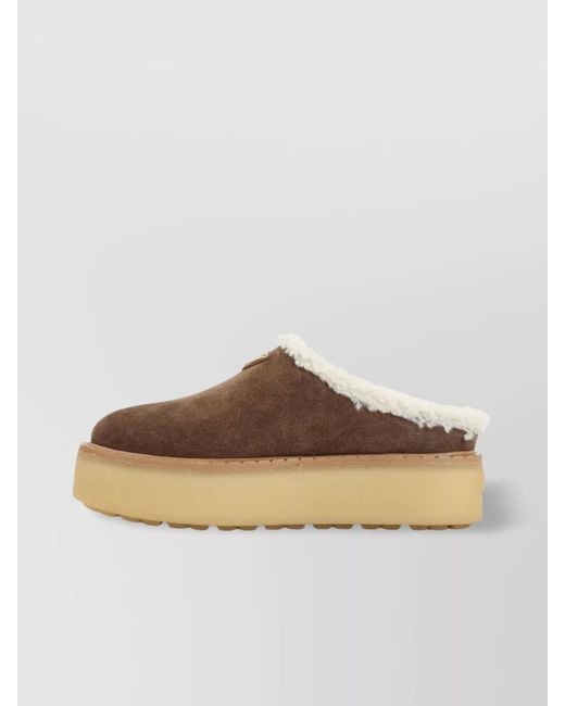 Prada Brown Shearling Trim Suede Mule Platform