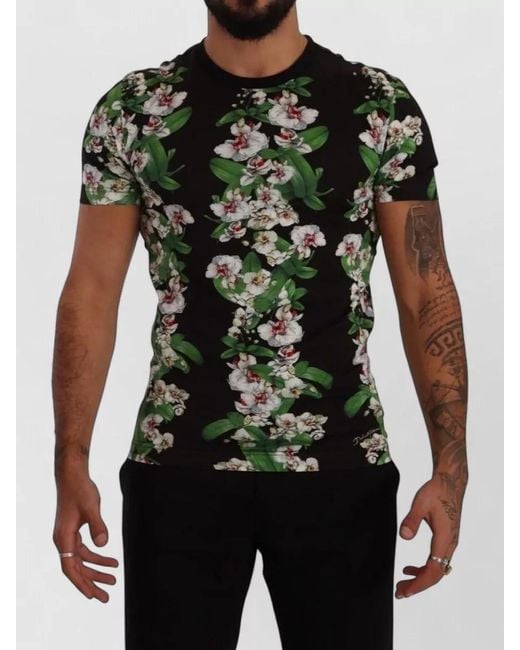 Dolce & Gabbana Green Floral Orchid Crewneck Slim Fit T Shirt for men