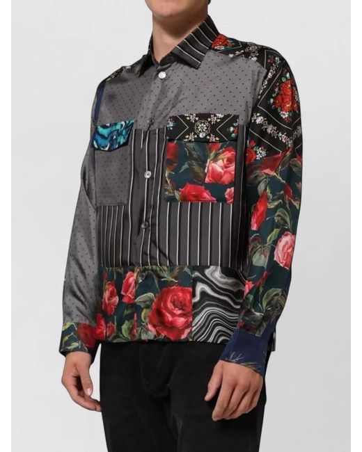 Dolce & Gabbana Gray Silk Patchwork Long-Sleeve Shirt for men
