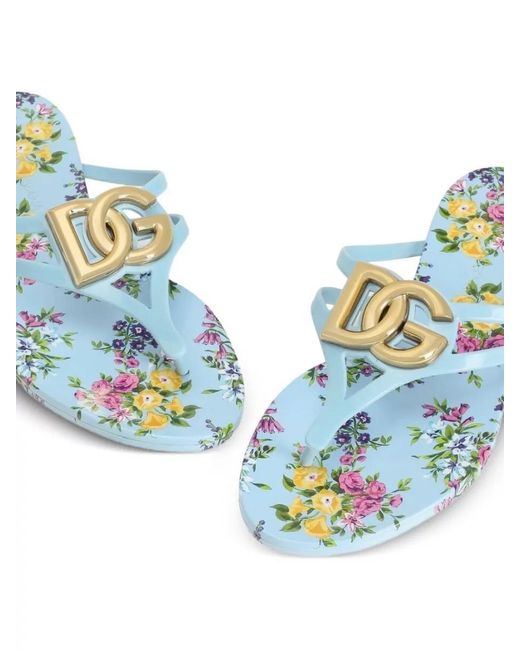 Dolce & Gabbana Blue Floral Print Handmade Flat Sole Slides
