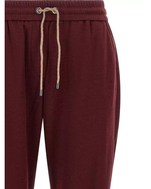 Brunello Cucinelli Red Monile Detail Track Joggers Cotton Silk