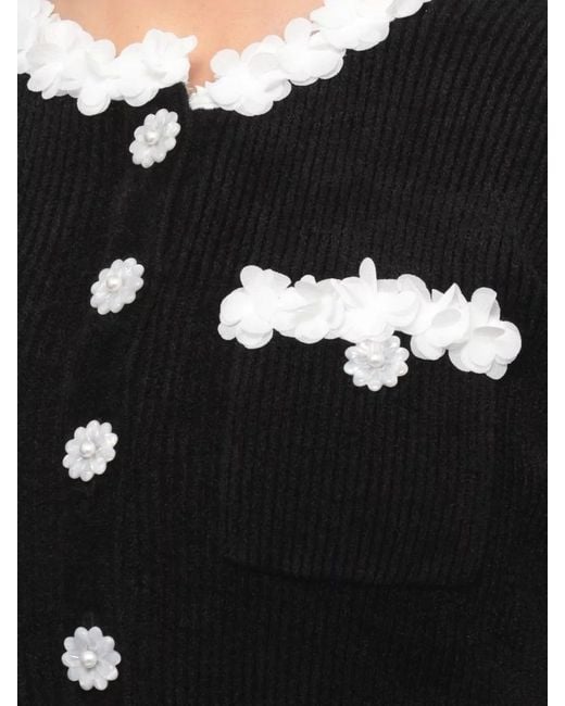 Self-Portrait Black Ribbed Chenille Knit Flower-Button Mini Dress