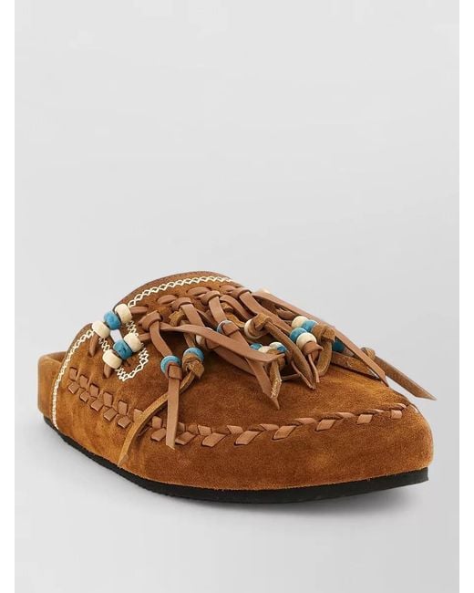 Alanui Brown Journey Beaded Braided Flat Open Toe Slides