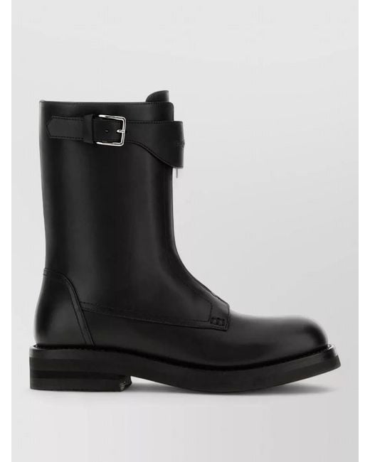 McQueen Black Leather Boots Buckle Detail Round Toe for men
