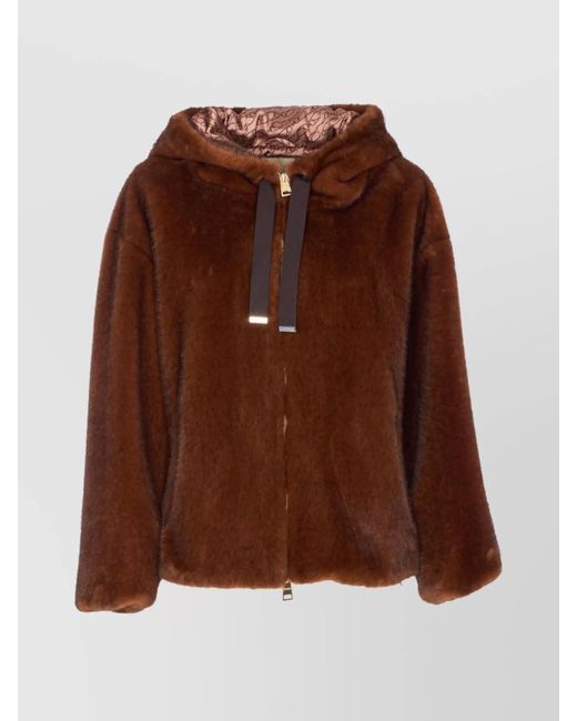 Herno Brown Faux Fur Drawstring Hooded Bomber Jacket