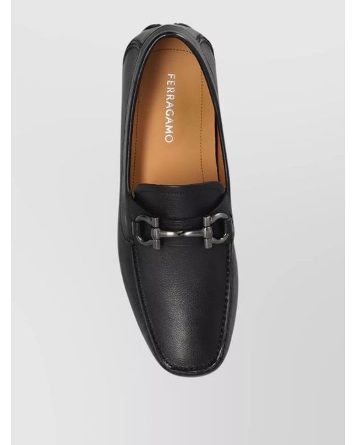 Ferragamo Black Leather Driving Loafers Metal Detail Rubber Sole for men