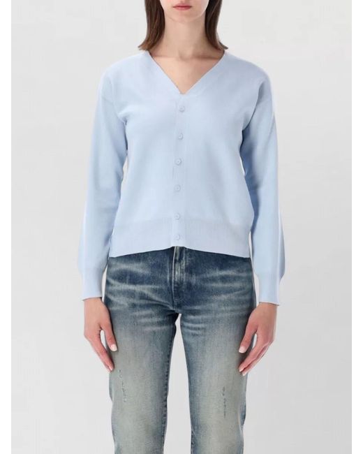 MM6 by Maison Margiela Blue Long Sleeve Cardigan Ribbed Hem V Neckline