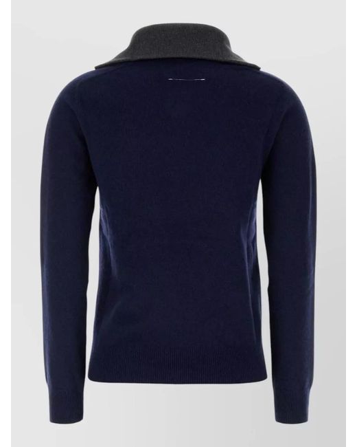 MM6 by Maison Margiela Blue Wool Blend Sweater Contrast Collar V Neck