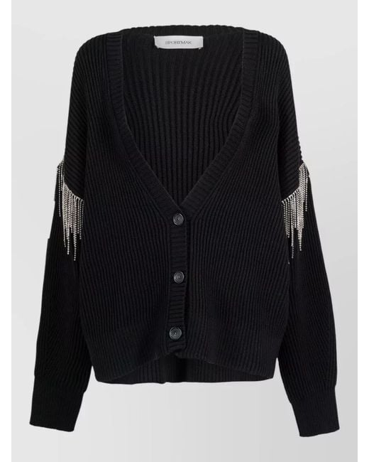 Sportmax Black Wool Cardigan Rhinestone Removable Sleeves V Neck