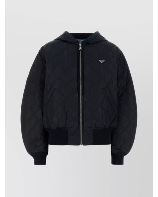 Prada Blue Hooded Quilted Nylon Bomber Jacket