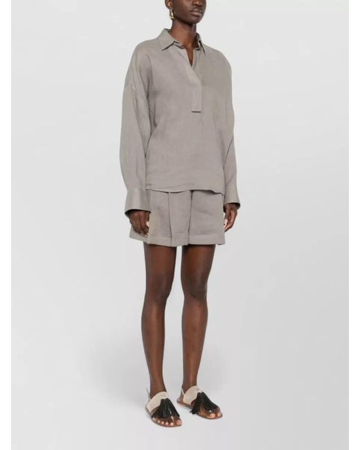 Brunello Cucinelli Gray Linen V-Neck Long-Sleeve Shirt