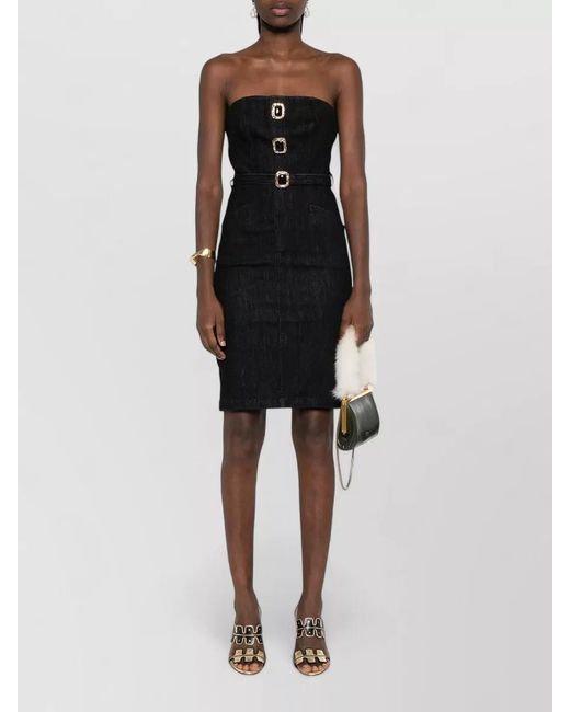 Self-Portrait Black Strapless Denim Midi Dress Belted Waist