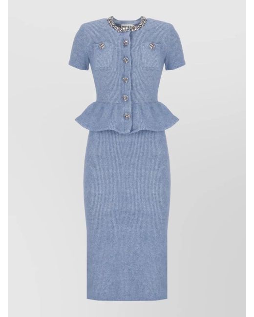 Self-Portrait Blue Metallic Knit Belted Short-Sleeve Midi Dress
