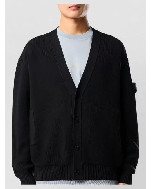 Stone Island Black Knit Cardigan V Neck Long Sleeves Pockets for men