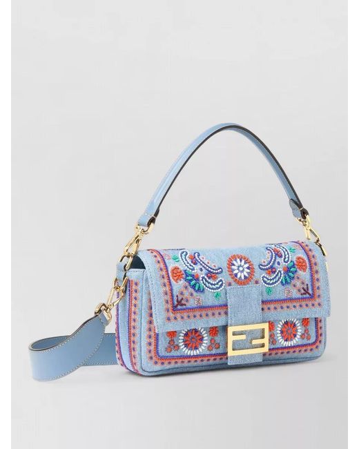 Fendi Blue Baguette Crossbody Bag Detachable Strap Top Handle