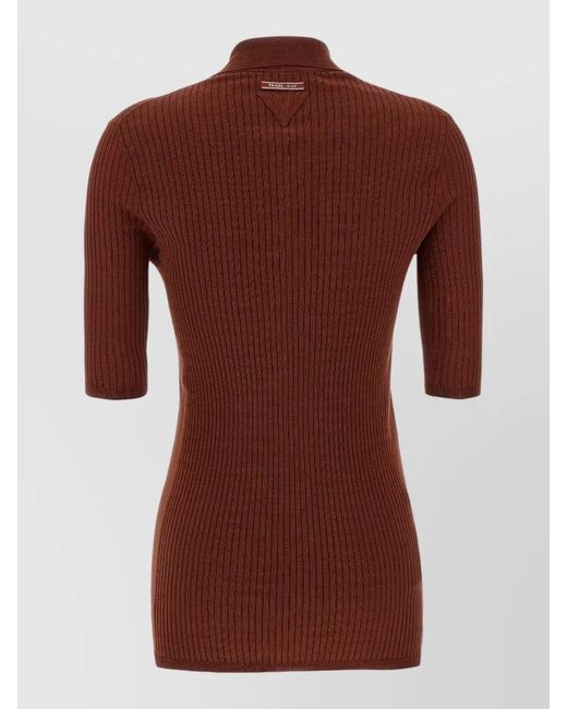 Prada Brown Stretch Cotton Polo Ribbed Knit Shirt