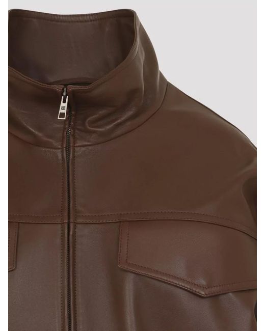 Balenciaga Brown High Collar Leather Bomber Jacket Coat