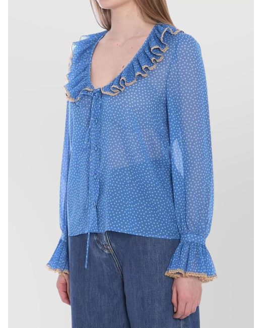 Valentino Garavani Blue Silk Printed V-Neck Blouse