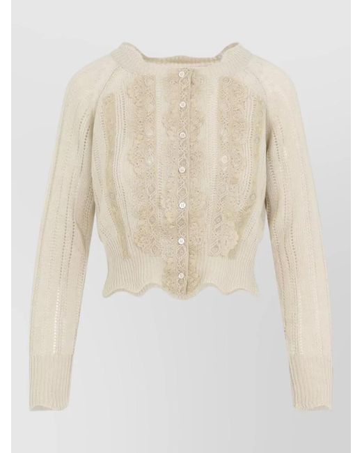 Ermanno Scervino Natural Cropped Lace Knit Raglan Cardigan Top