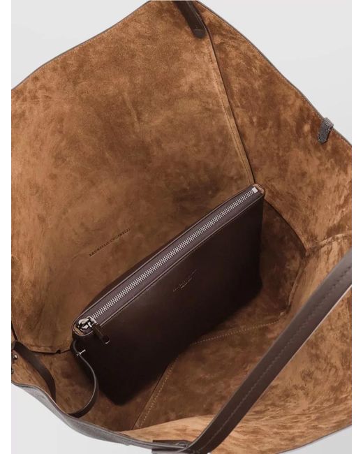 Brunello Cucinelli Brown Leather Shopping Bag Side Monili Detail