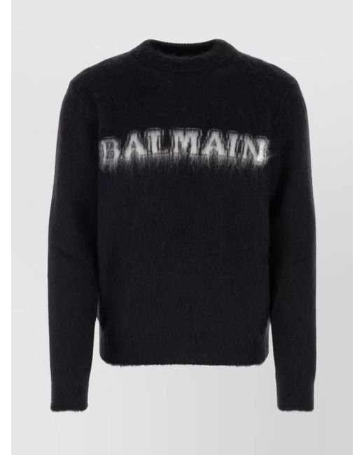 Balmain Black Mohair Logo-Print Brushed-Knit Crewneck Jumper for men