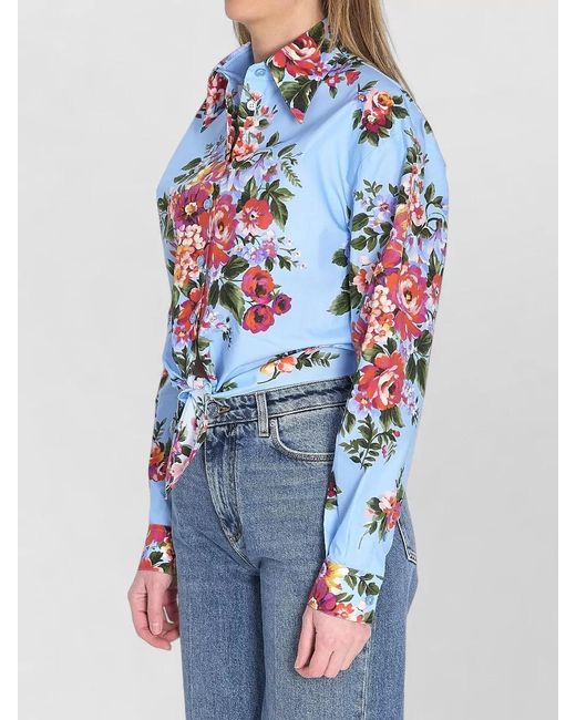 Dolce & Gabbana Blue Floral-Bouquet-Print Cotton Cropped Knot-Detail Shirt