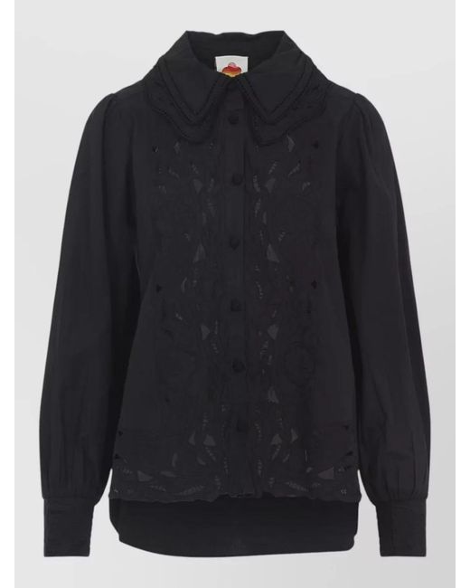 Farm Rio Blue Embroidered Long Sleeve Shirt Lace Collar