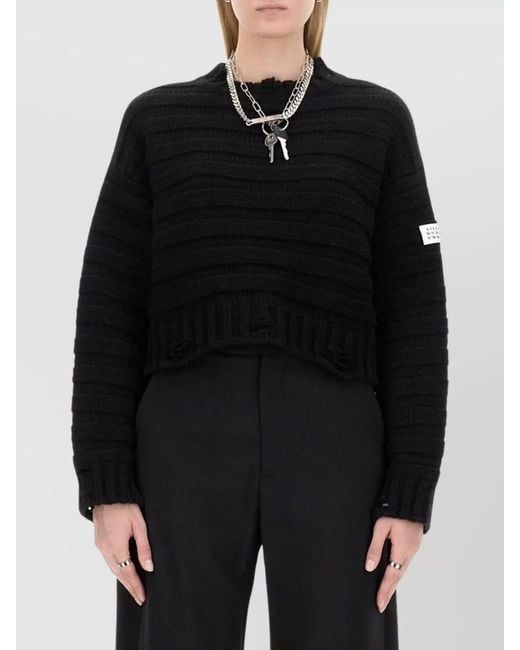 MM6 by Maison Margiela Black Cropped Chunky Knit Sweater With Crew Neck