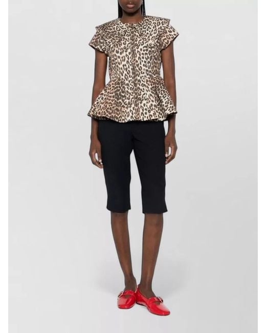 Ganni White Leopard-Print Organic Cotton Short-Sleeve Peplum Blouse
