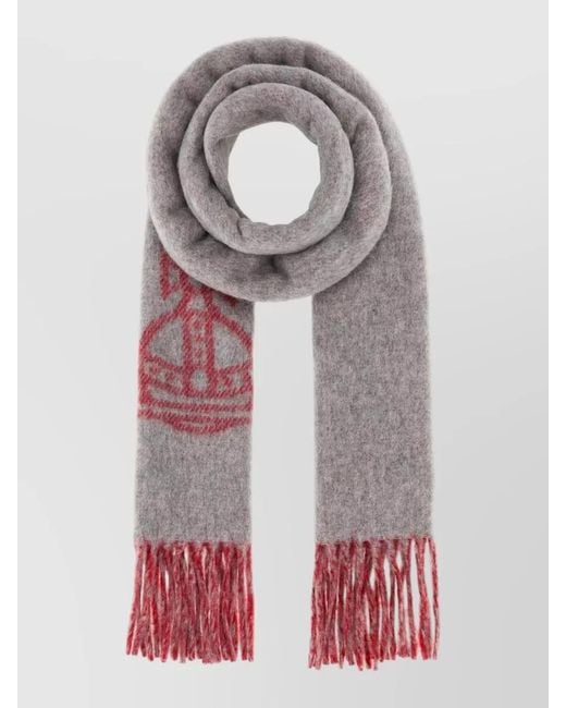 Vivienne Westwood Gray Wool Scarf Fringe Detail Graphic Print