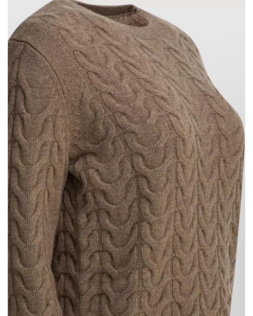 Max Mara Brown Cable Knit Crew Neck Sweater Long Sleeves
