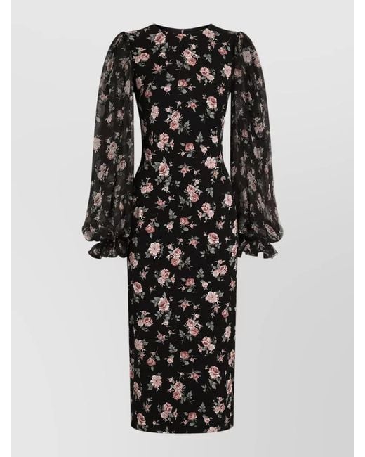 Dolce & Gabbana Black Silk Floral-Print Long-Sleeve Midi Dress