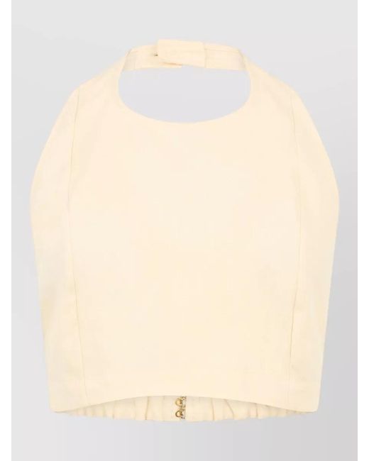 LeKasha Natural Short Cotton Top High Neck Ruched Hem