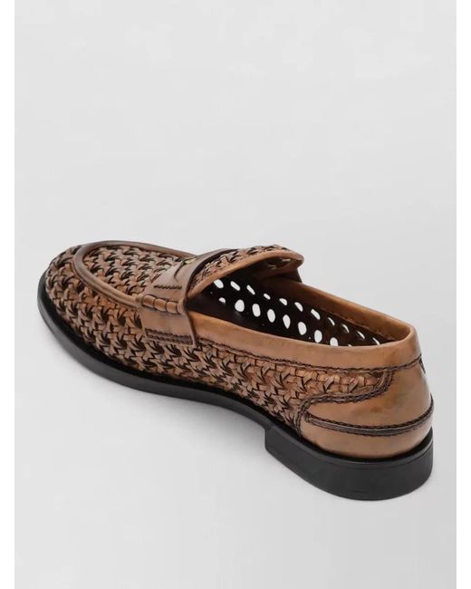 Miu Miu Brown Leather Loafers Round Toe Woven Design