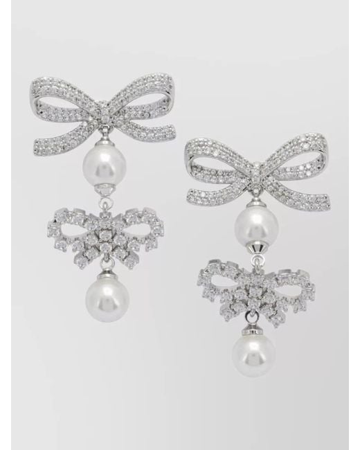 Self-Portrait Gray Bow Crystal Drop Earrings Pearl Accents