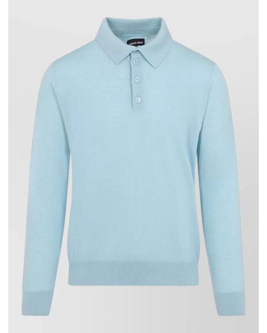 Giorgio Armani Blue Virgin Wool Ribbed Polo Sweater for men