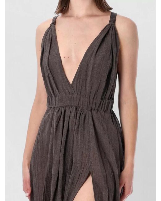 120% Lino Brown Long Linen Dress Deep V Neckline