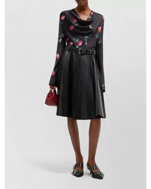 Ganni Black Printed Satin Cowl Neck Blouse
