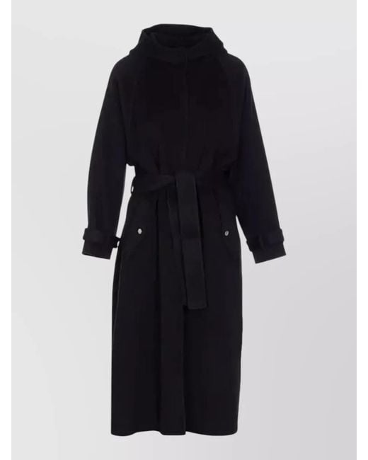 Pinko Blue Long Hooded Coat Belted Waist Pockets
