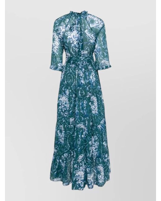 Samantha Sung Blue Floral-Print Belted Gathered Cotton Maxi Dress