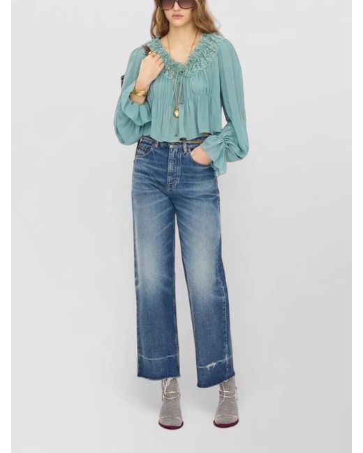 Chloé Blue Scoop Neck Cropped Silk Georgette Lace Top