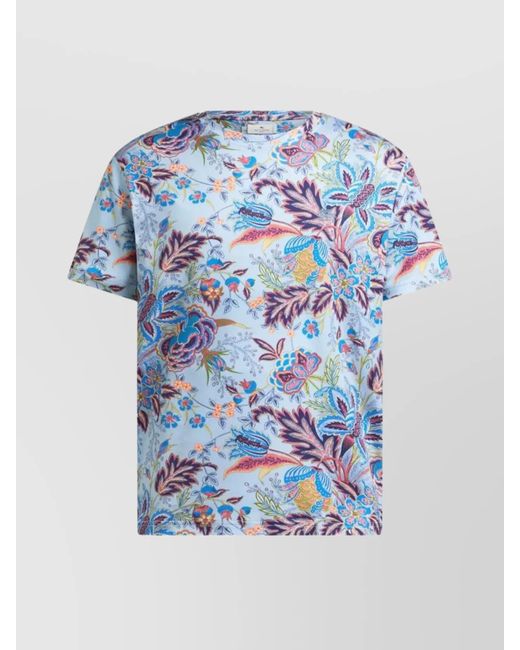 Etro Blue Floral Print Short Sleeve Round Neck T-Shirt for men