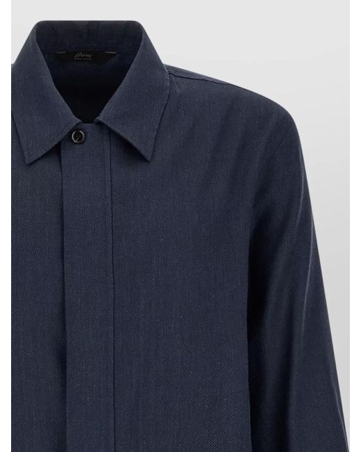 Brioni Blue Linen Wool Jacket Collared Long Sleeves for men