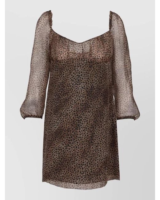 Saint Laurent Brown Silk Dress Leopard Motif Square Neckline