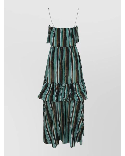 Pinko Green Off Shoulder Muslin Striped Long Dress