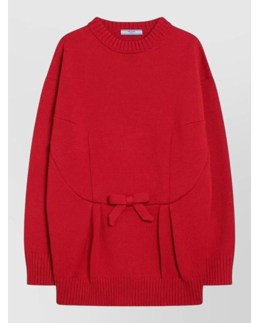 Prada Red Bow Detail Crew Neck Knit Sweater