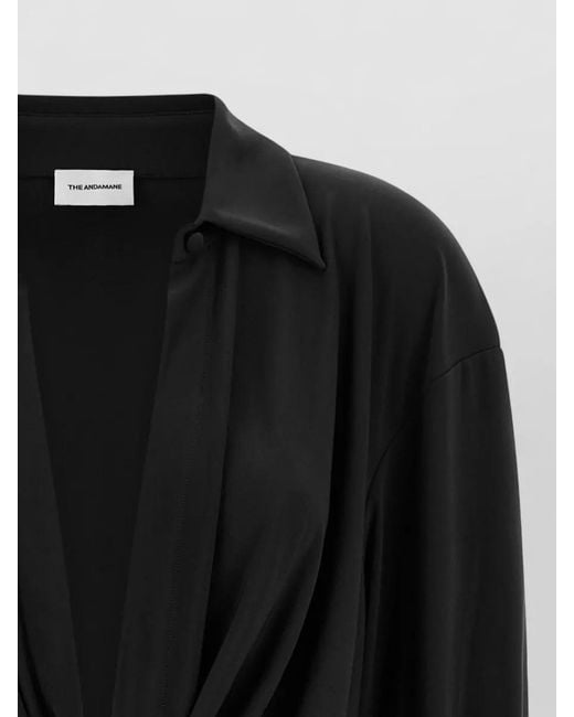 ANDAMANE Black Lilia Draped Top Long Sleeves Slits