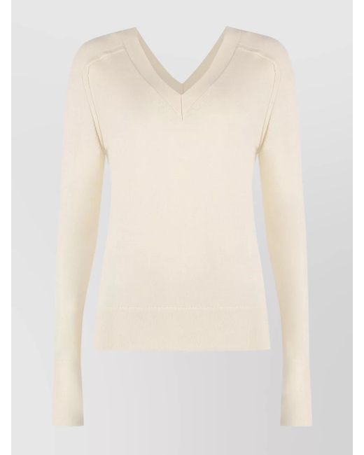 Calvin Klein Natural Wool V-Neck Sweater With Ribbed Knit