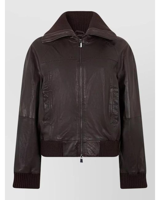 Pinko Black Leather Jacket Knit Inserts Cropped Silhouette