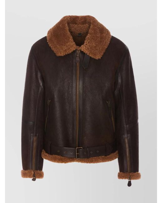 Belstaff Brown Leather Jacket With Shearling Collar And Belt for men